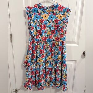 Vibrant Floral Women's Casual Dress - Blue, Red, Yellow